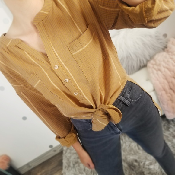 Fall Mustard Stripe Tunic Shirt Leggings Button Up Top Women’s Long Tops - Picture 3 of 8